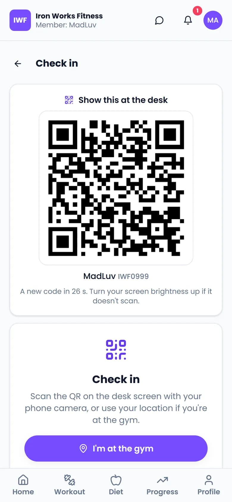 Member app check-in screen with a QR pass