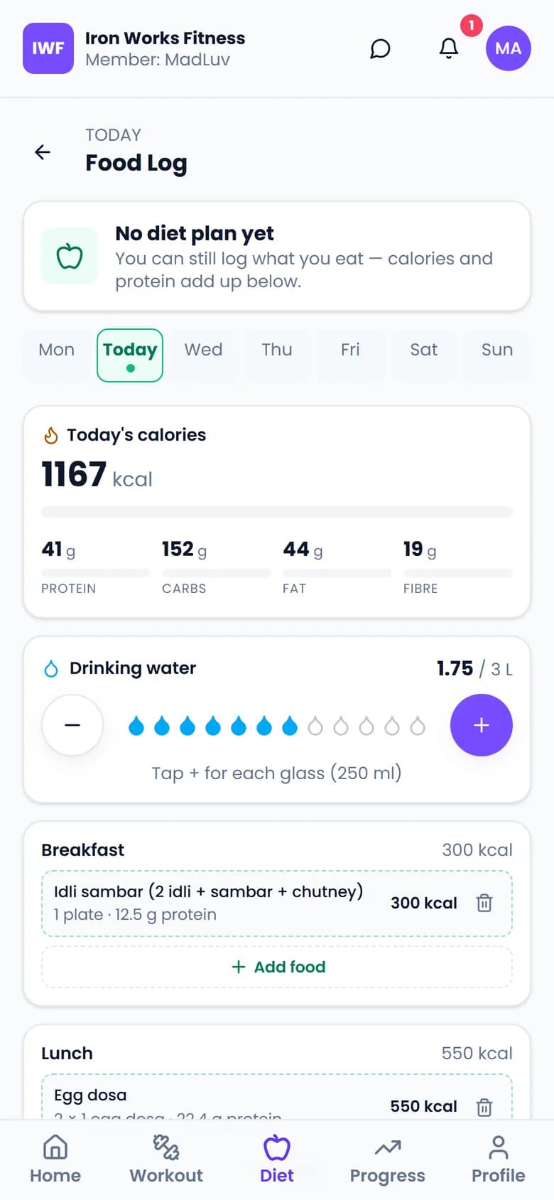 Member app food log with idli sambar and egg dosa