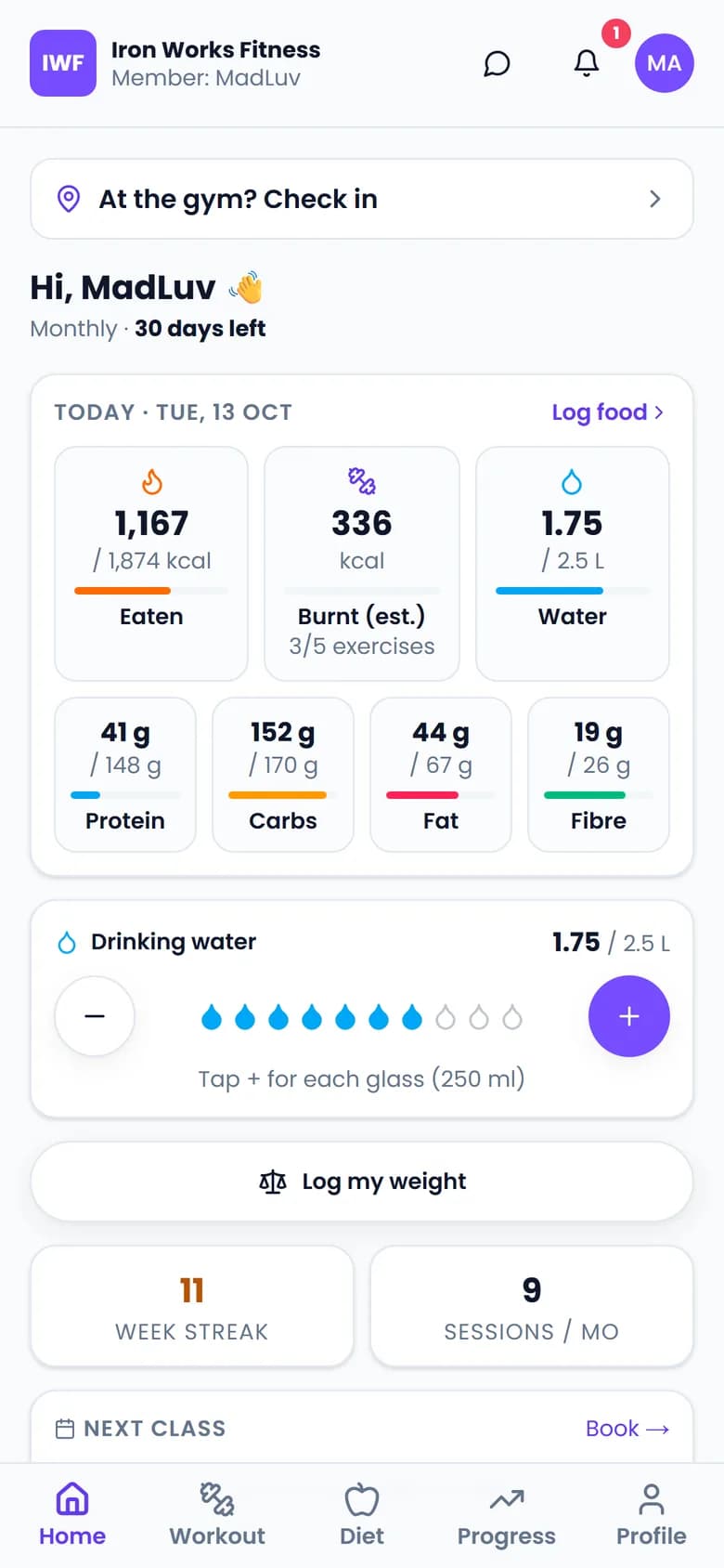 The member app home: calories eaten and burnt, water and the day's targets